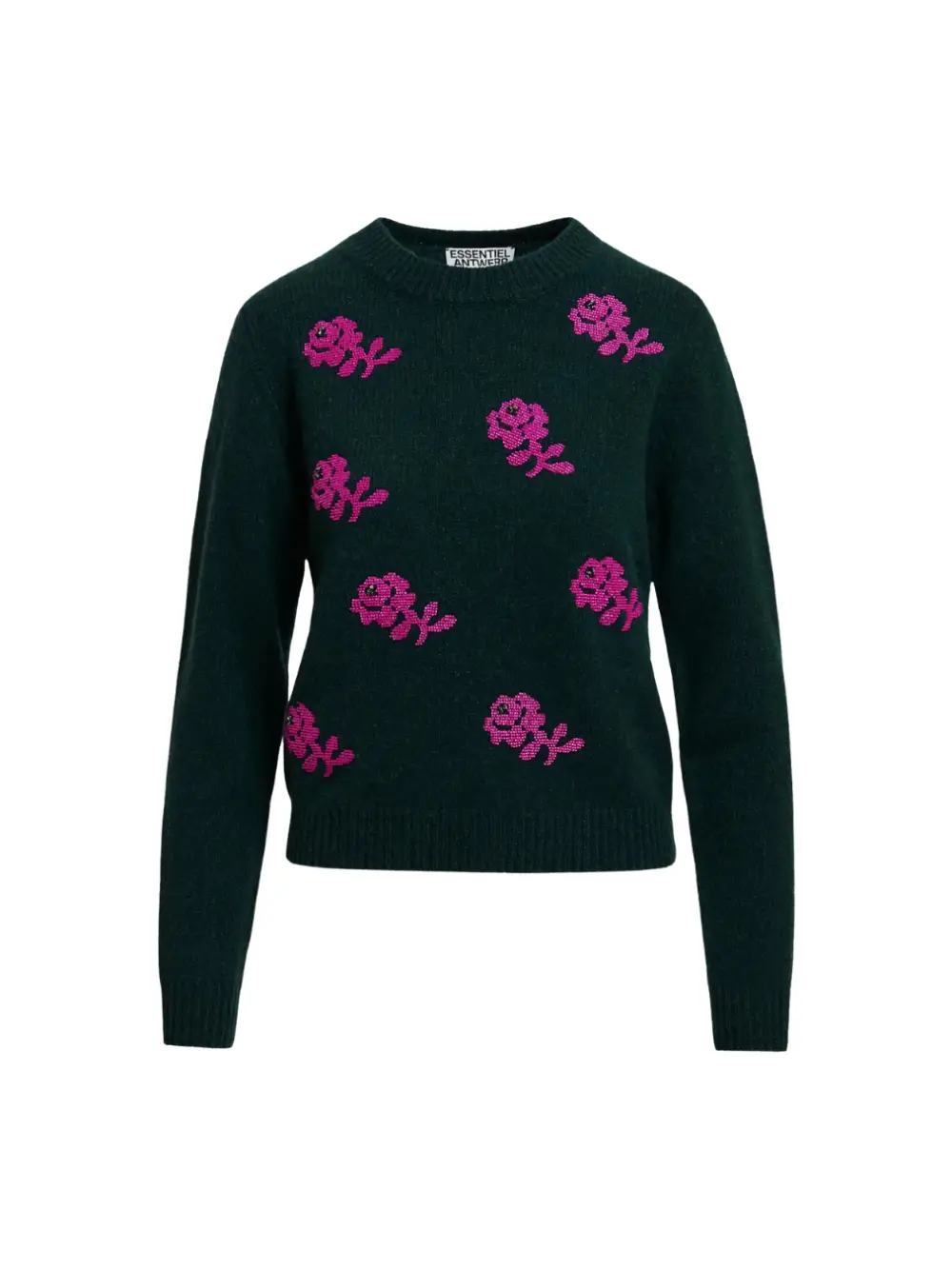 Pull Korine vert foncé et rose en laine – Essentiel Antwerp