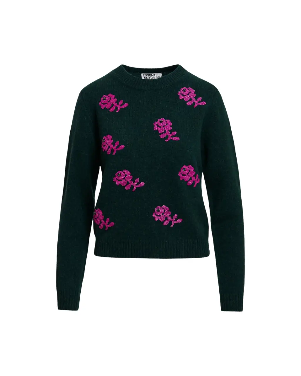 Pull Korine vert foncé et rose en laine – Essentiel Antwerp